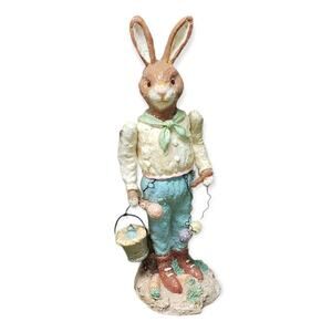 Jointed Ceramic Easter Rabbit Hare In Garden with Carrots Collecting Eggs Decor